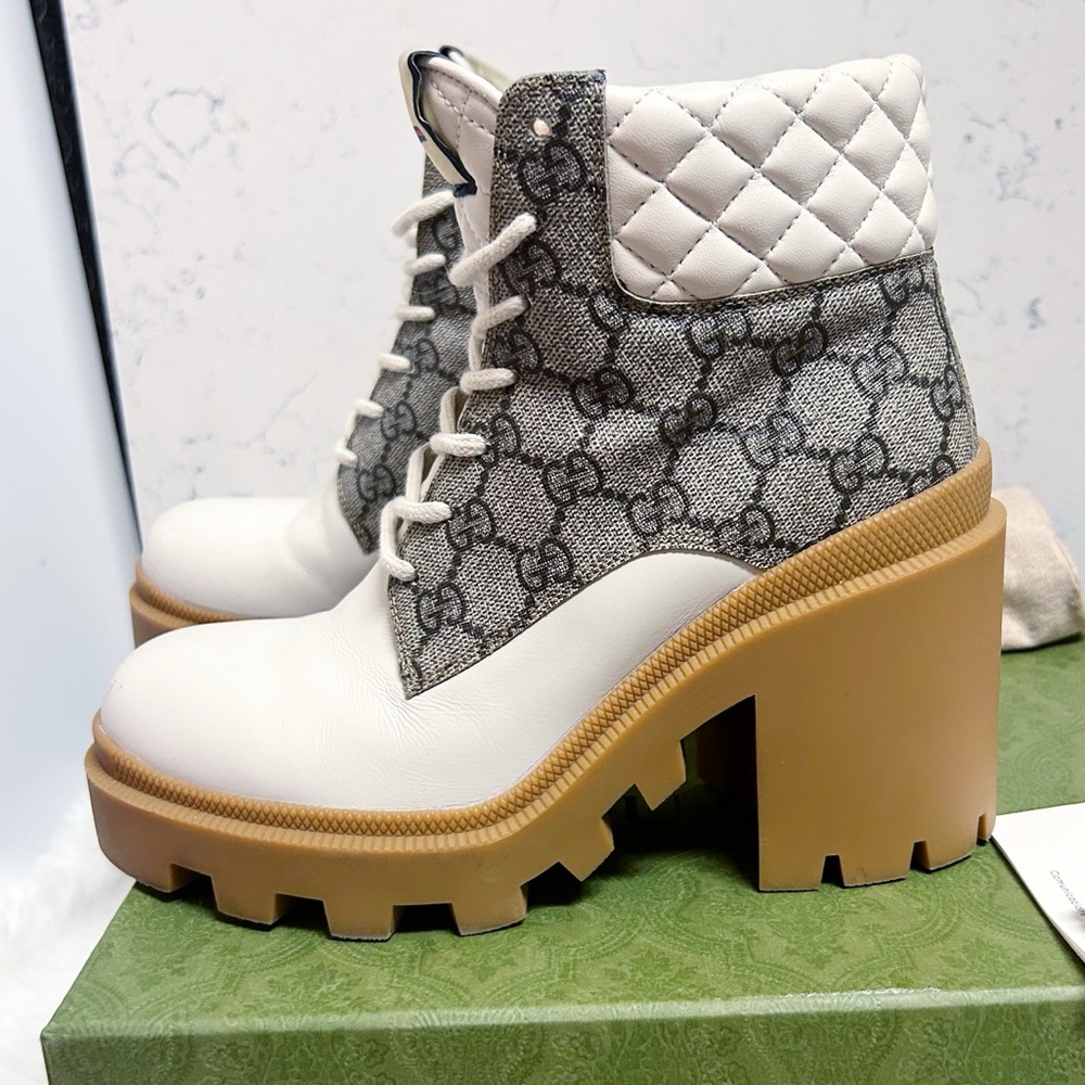 Aurhentic Gucci Supreme Monogram Trip Combat Heeled Boots - Picture 3 of 15